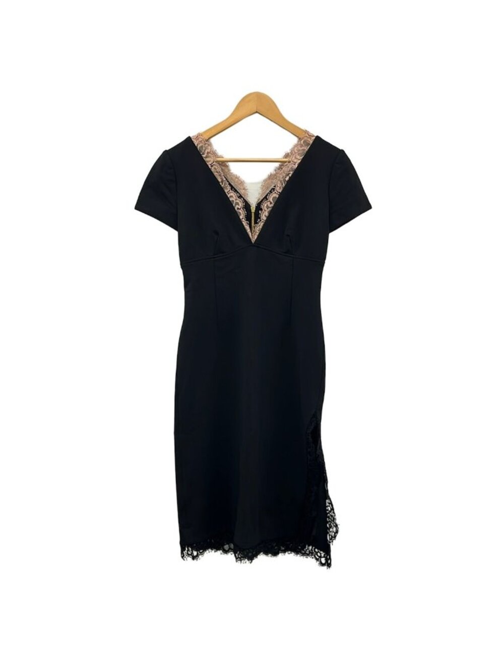 Gucci Dress Black Pink Beige V-neck Short Sleeve Long Lace Side Slit XS